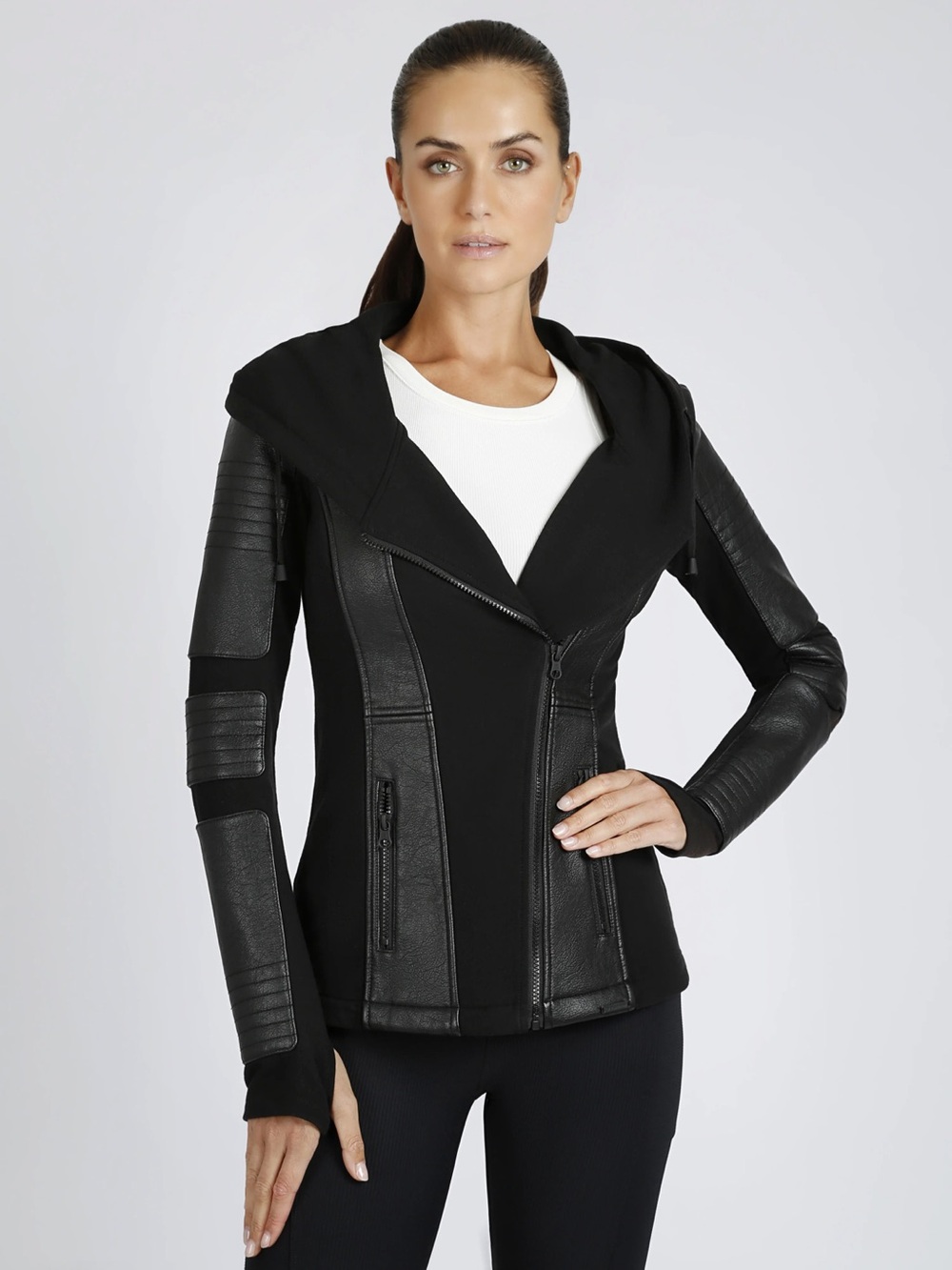 ASYM VEGAN LEATHER HOODED MOTO - BLACK BONDED FRENCH TERRY